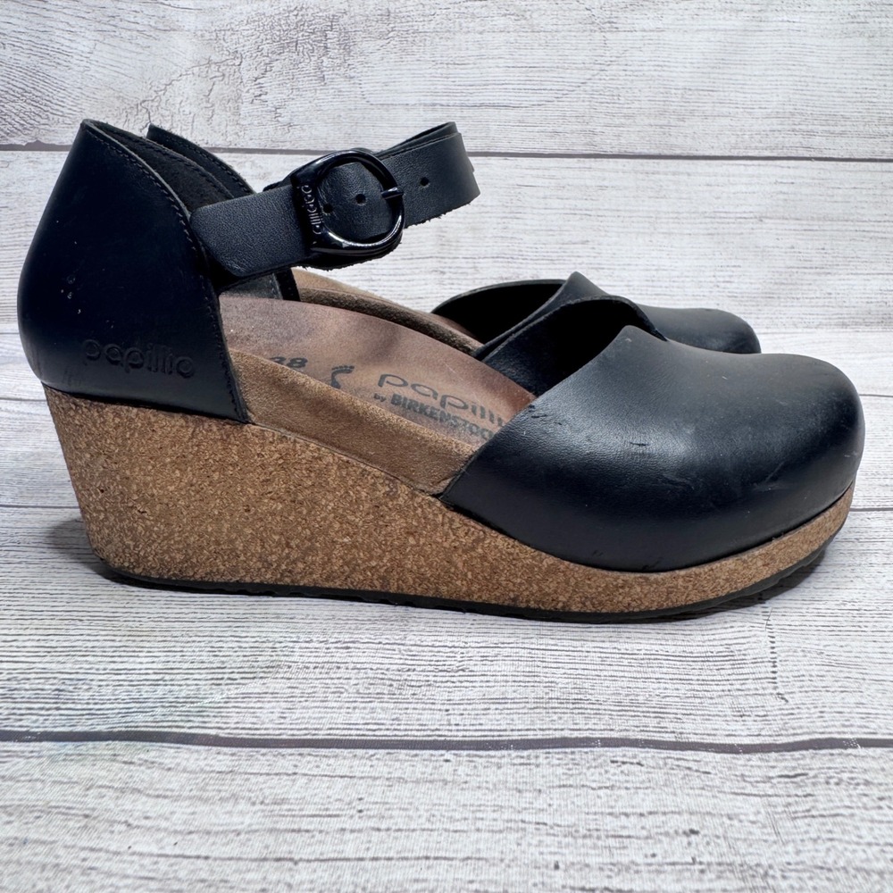 Papillio by Birkenstock MARY Black Leather Closed Toe Wedge Sandals 38 L7 FLAW